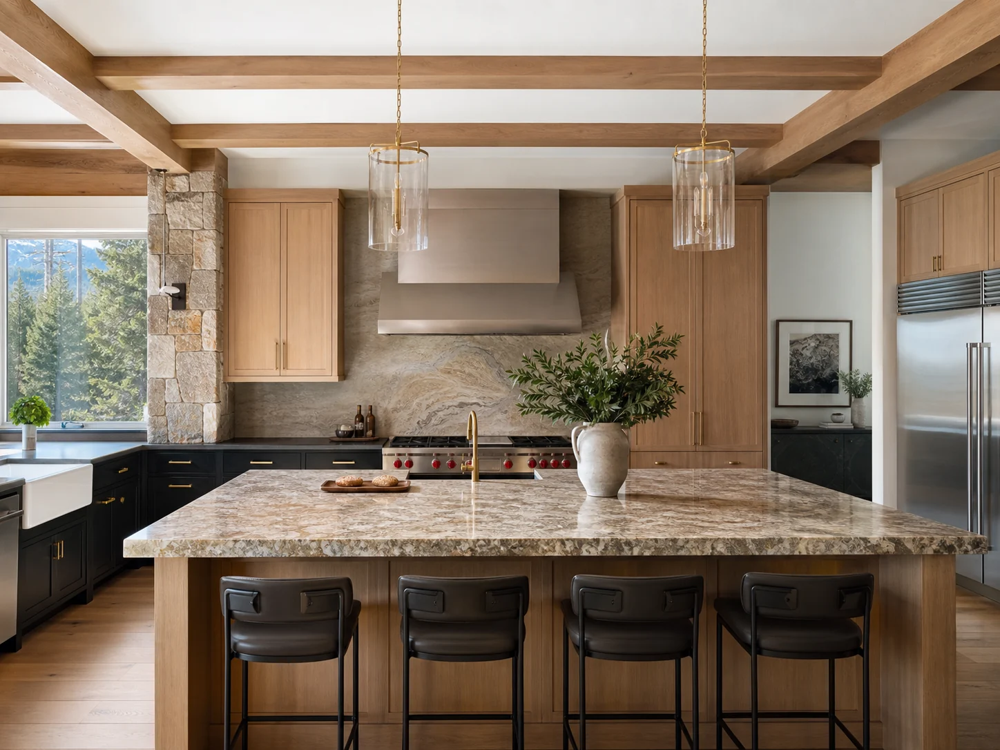 Freshly cleaned mountain-home kitchen with timber beams, natural stone, and pine views